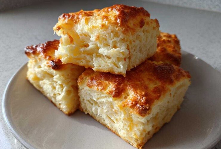 Close-up of three fluffy Buttermilk Biscuits stacked on a light gray plate, showing golden-brown tops and flaky interior.