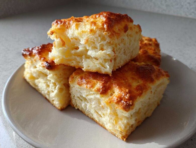 Close-up of three fluffy Buttermilk Biscuits stacked on a light gray plate, showing golden-brown tops and flaky interior.