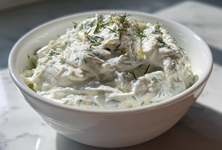 A close-up of thick, creamy Tzatziki Sauce garnished with fresh dill, served in a white bowl.