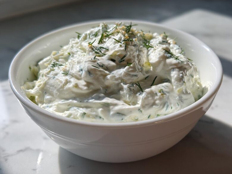 A close-up of thick, creamy Tzatziki Sauce garnished with fresh dill, served in a white bowl.