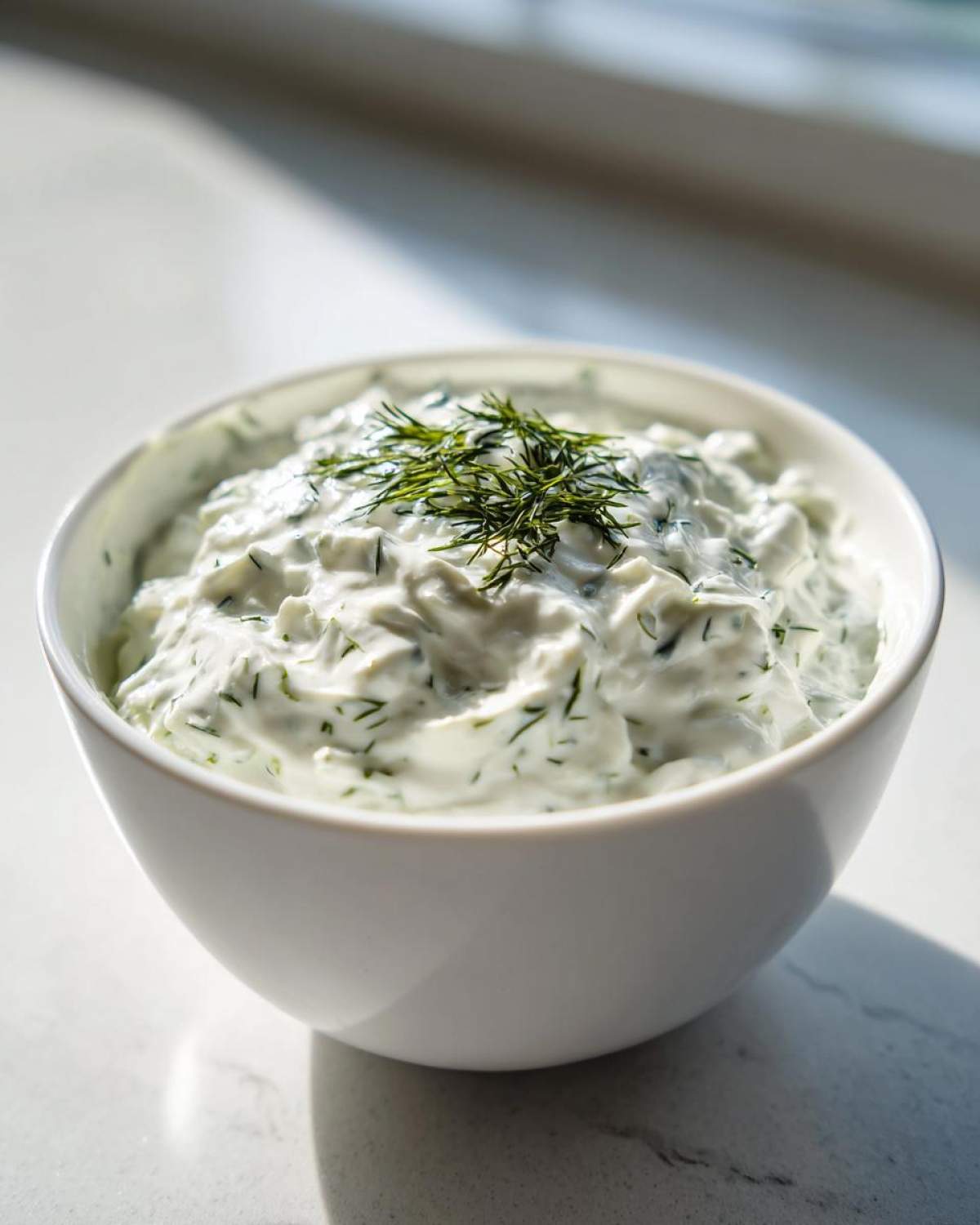 A close-up of creamy, homemade Tzatziki Sauce garnished with fresh dill, served in a white bowl.
