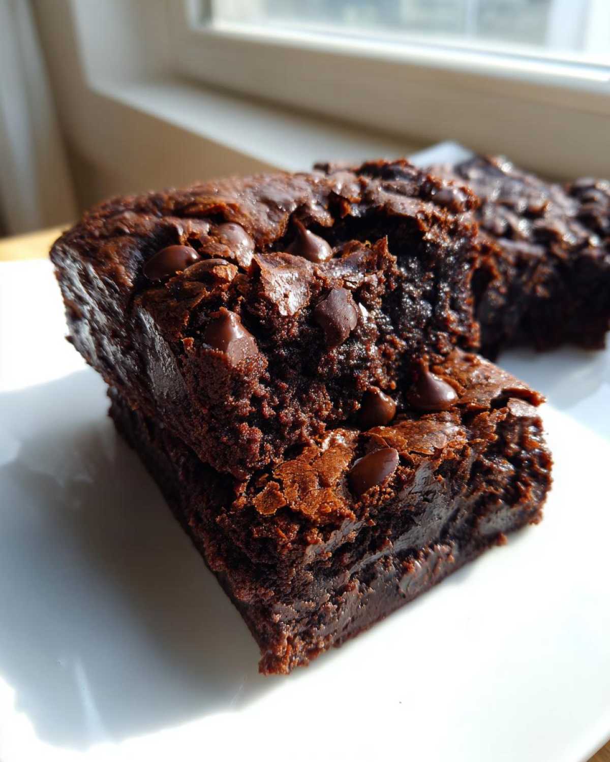A close-up, rich, dark square of fudgy Banana Bread Brownies topped with melted chocolate chips, sitting on a white plate.