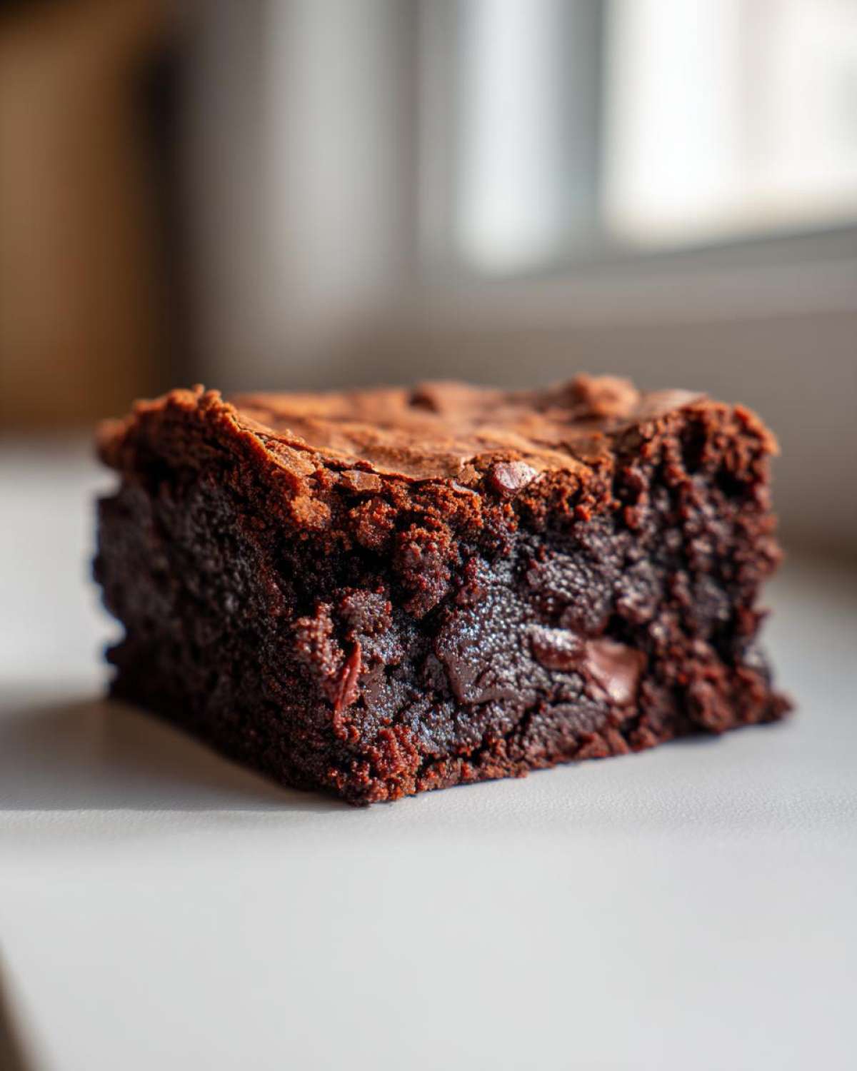 A close-up, fudgy square of Brown Butter Brownies showing a crackly top and dense interior.