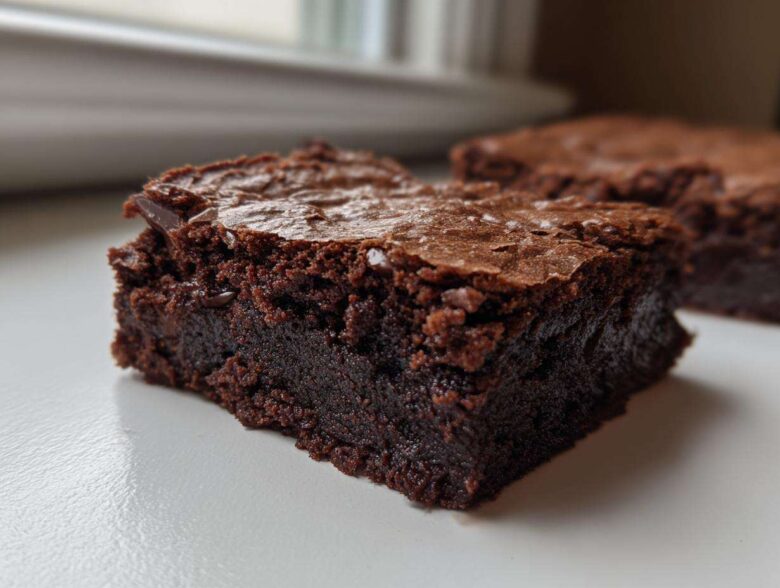 Close-up of a fudgy, dark chocolate slice of Brown Butter Brownies with a crackly top.