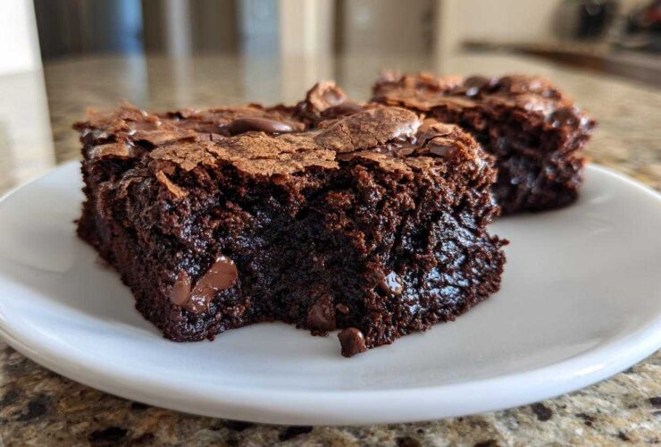 Two rich, fudgy brownie squares with a crackly top and visible chocolate chips served on a white plate.