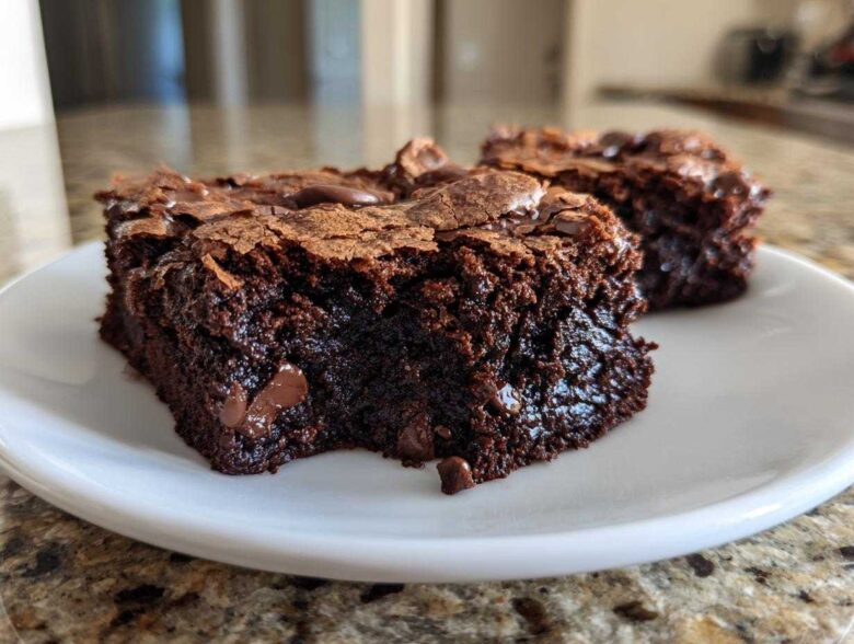 Two rich, fudgy brownie squares with a crackly top and visible chocolate chips served on a white plate.