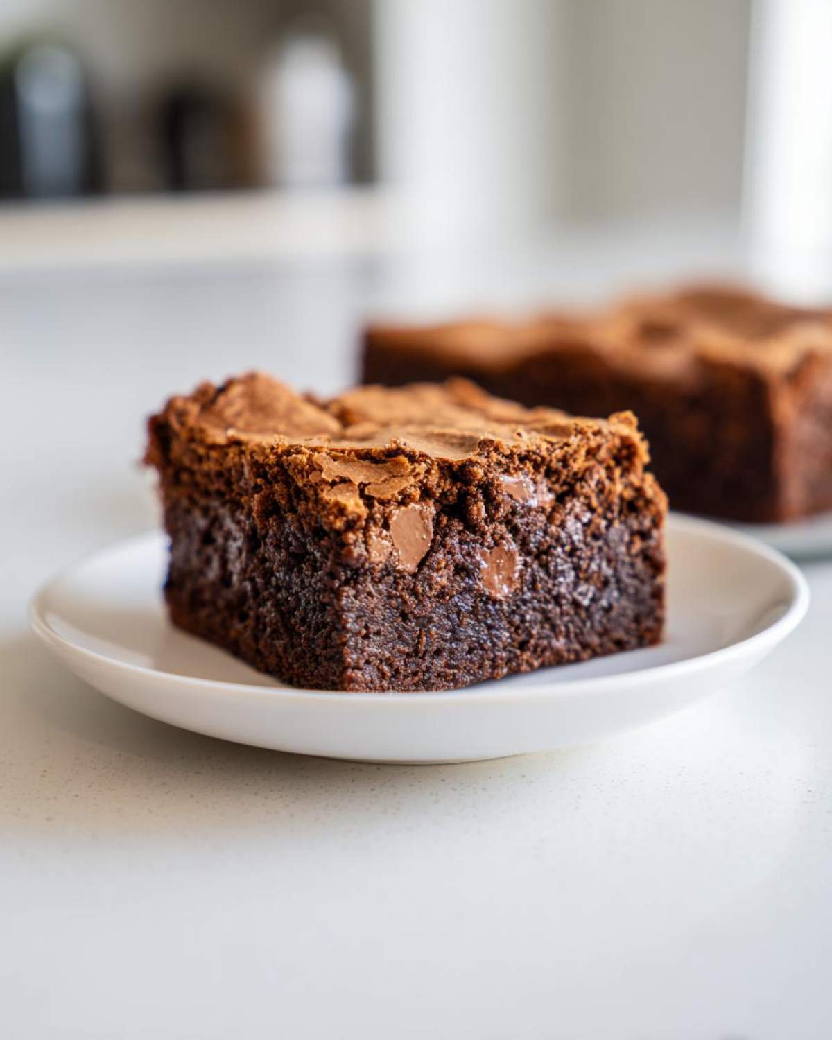 Close-up of a single, fudgy brownie square with a shiny, crackled top and visible chocolate chips, served on a white plate.
