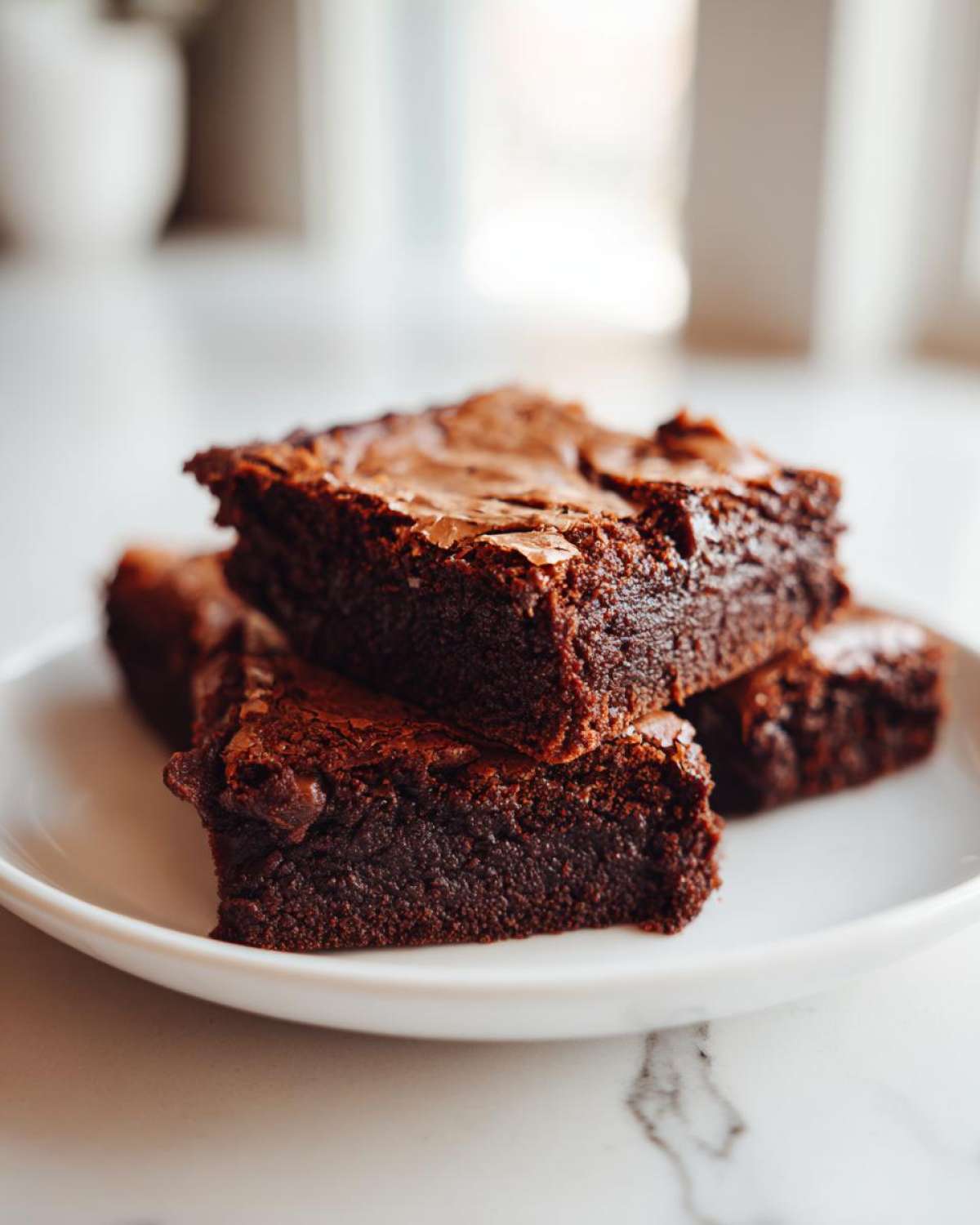 Close-up of stacked, rich, fudgy brownie squares showing a crackly top crust.