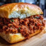 A close-up shot of a hearty Garlic Bread Sloppy Joes sandwich overflowing with savory meat sauce on a toasted bun.