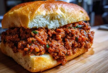 A close-up shot of a hearty Garlic Bread Sloppy Joes sandwich overflowing with savory meat sauce on a toasted bun.