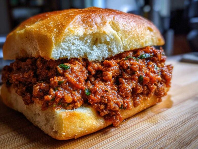 A close-up shot of a hearty Garlic Bread Sloppy Joes sandwich overflowing with savory meat sauce on a toasted bun.