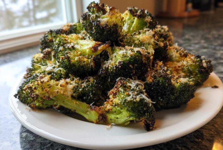 A mound of roasted Garlic Parmesan Broccoli florets sprinkled with grated cheese, served on a white plate.