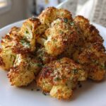 A plate piled high with crispy, oven-roasted Garlic Parmesan Roasted Cauliflower florets, topped with herbs.