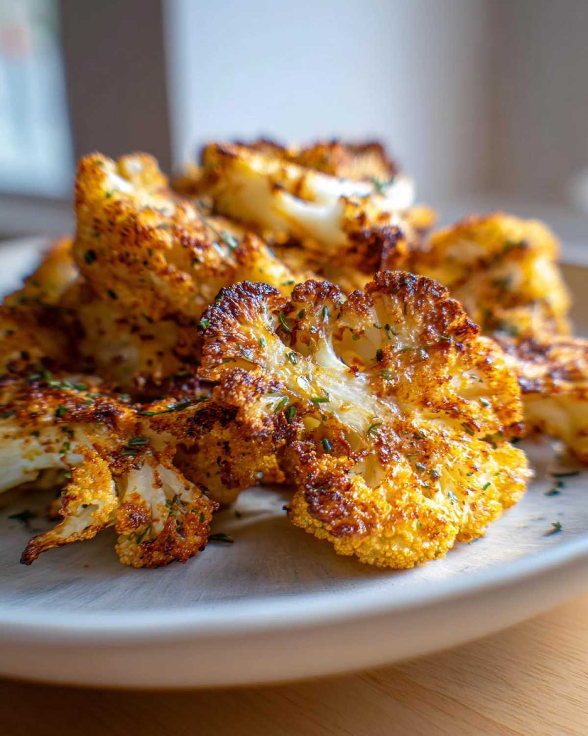 Close-up of crispy, golden-brown Garlic Parmesan Roasted Cauliflower florets sprinkled with herbs on a white plate.
