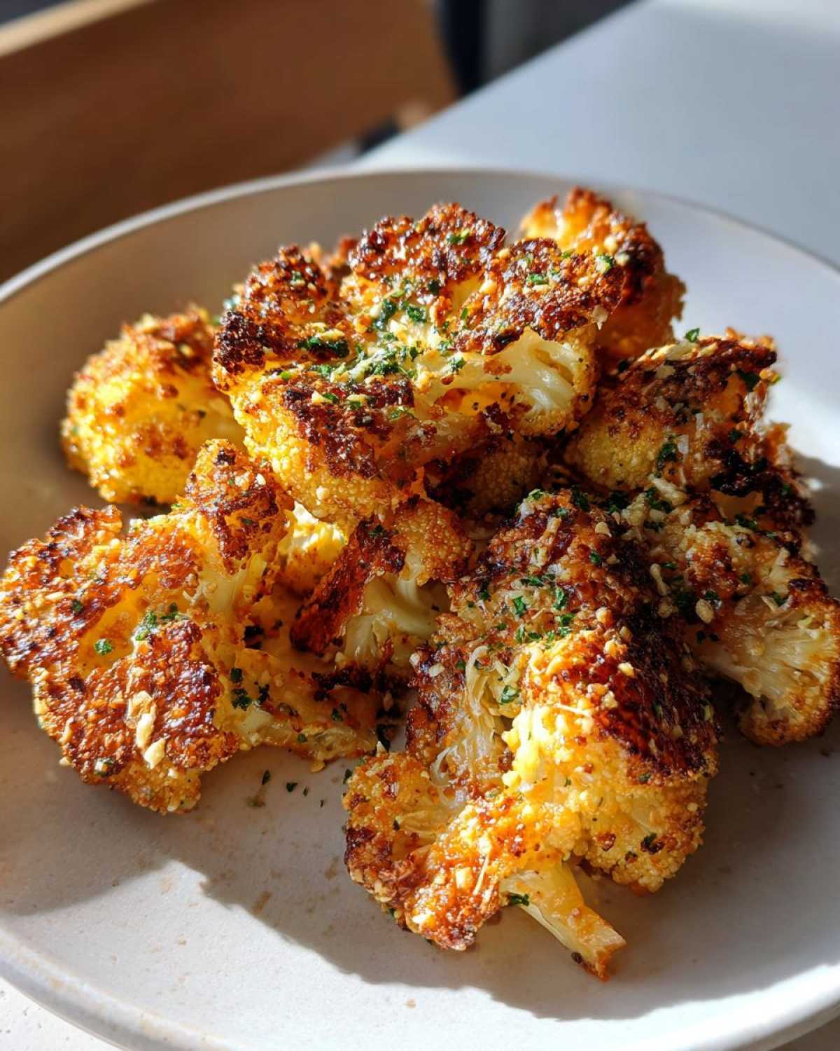 Close-up of crispy, golden-brown Garlic Parmesan Roasted Cauliflower florets sprinkled with herbs on a light plate.