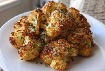 A plate piled high with crispy, oven-roasted Garlic Parmesan Roasted Cauliflower florets, topped with herbs.