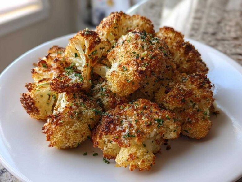 A plate piled high with crispy, oven-roasted Garlic Parmesan Roasted Cauliflower florets, topped with herbs.