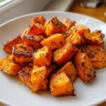 Close-up of perfectly roasted Garlic Parmesan Roasted Sweet Potatoes cubes on a white plate.