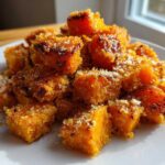A close-up of crispy, roasted Garlic Parmesan Roasted Sweet Potatoes cubes piled high on a white plate.