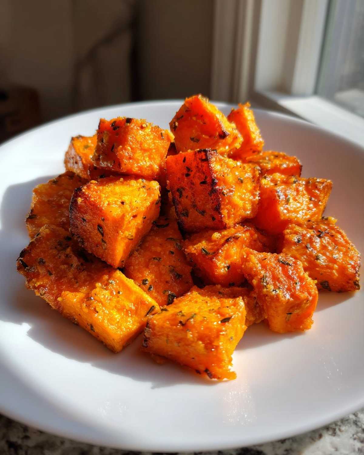 Close-up of bright orange Garlic Parmesan Roasted Sweet Potatoes cubes seasoned with herbs on a white plate.
