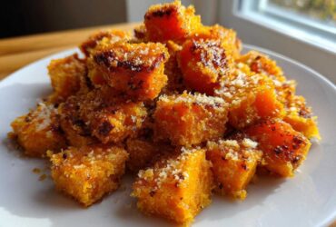 A close-up of crispy, roasted Garlic Parmesan Roasted Sweet Potatoes cubes piled high on a white plate.