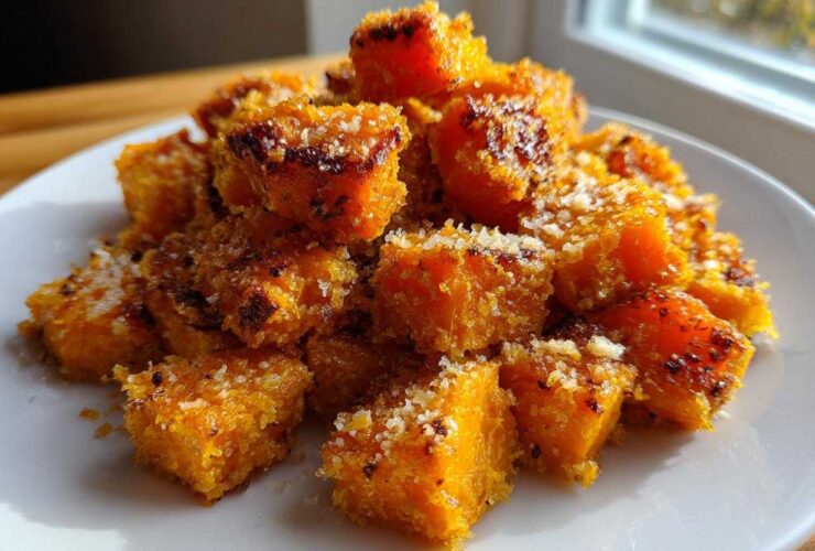 A close-up of crispy, roasted Garlic Parmesan Roasted Sweet Potatoes cubes piled high on a white plate.