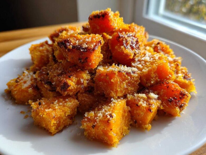 A close-up of crispy, roasted Garlic Parmesan Roasted Sweet Potatoes cubes piled high on a white plate.