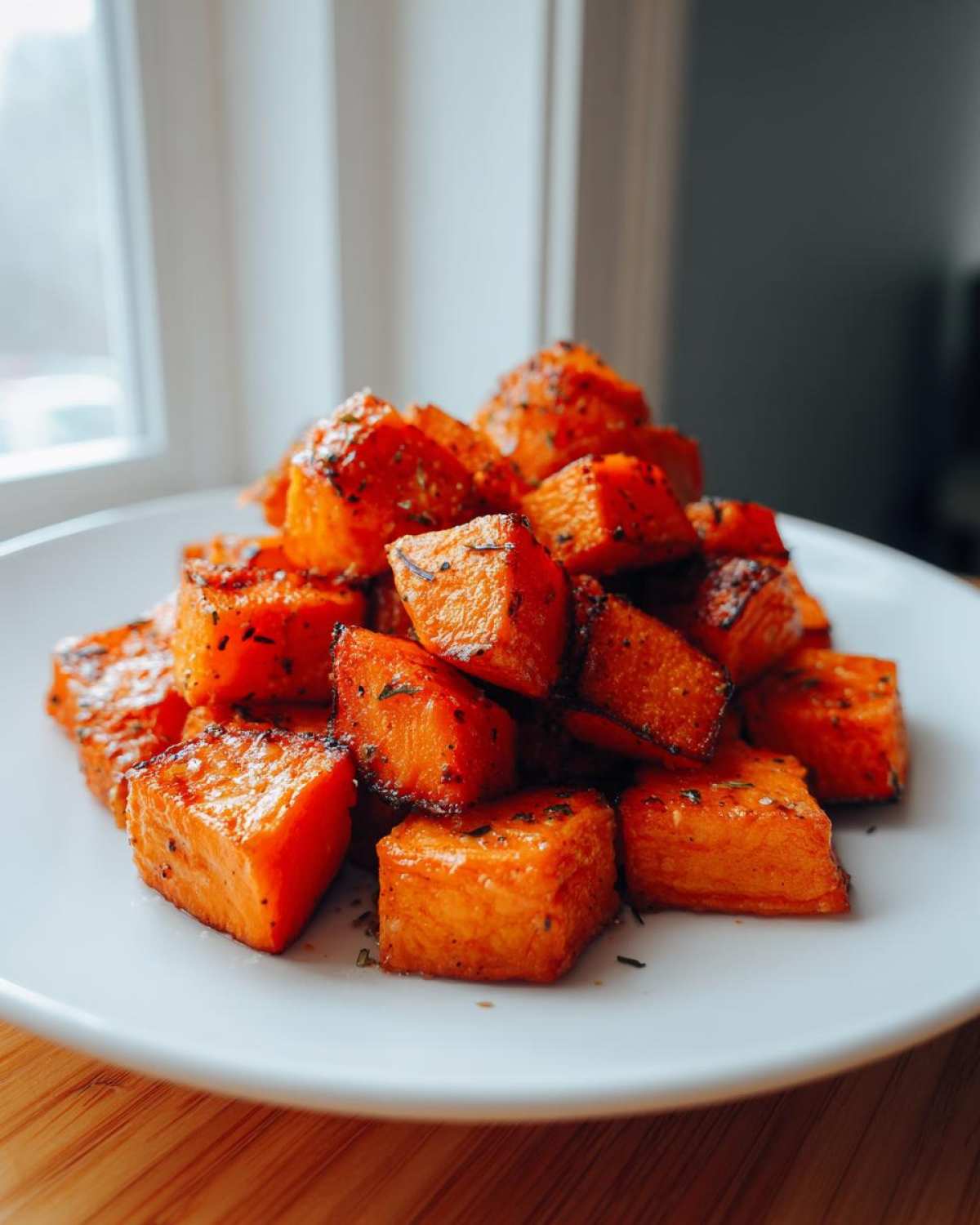 A pile of perfectly roasted Garlic Parmesan Roasted Sweet Potatoes cubes seasoned with herbs on a white plate.