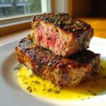 Two thick, perfectly seared Garlic Rosemary Lamb Chops stacked, showing a medium-rare interior and resting in lemon butter sauce.