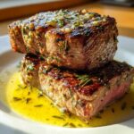 Two perfectly seared Garlic Rosemary Lamb Chops stacked on a white plate, drizzled with lemon butter sauce.