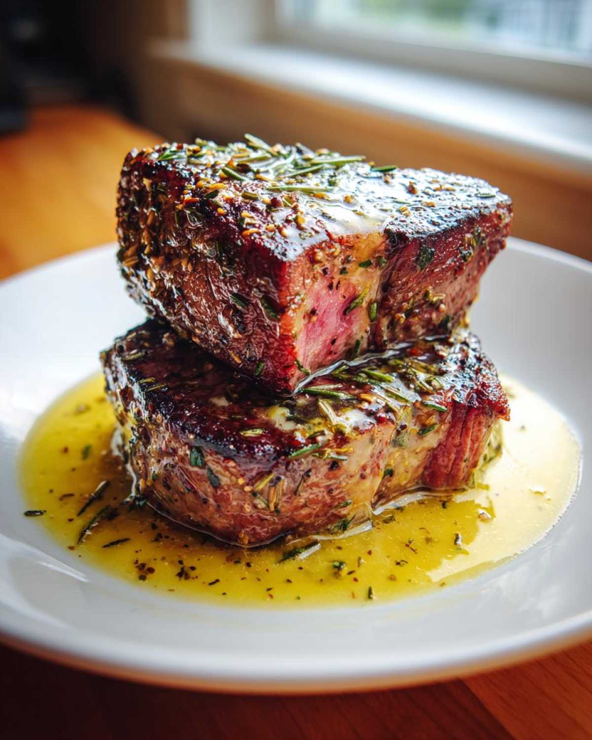 Two perfectly cooked Garlic Rosemary Lamb Chops stacked on a white plate, glistening with lemon butter sauce.