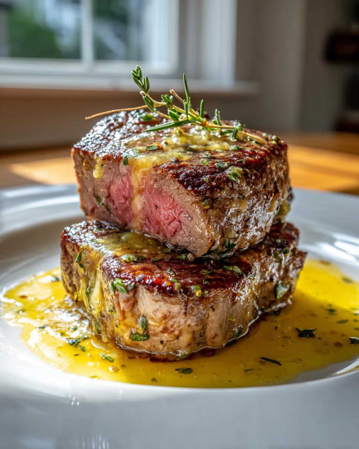Two perfectly seared Garlic Rosemary Lamb Chops stacked, glistening with lemon butter sauce and garnished with fresh rosemary.
