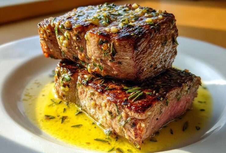 Two perfectly seared Garlic Rosemary Lamb Chops stacked on a white plate, drizzled with lemon butter sauce.