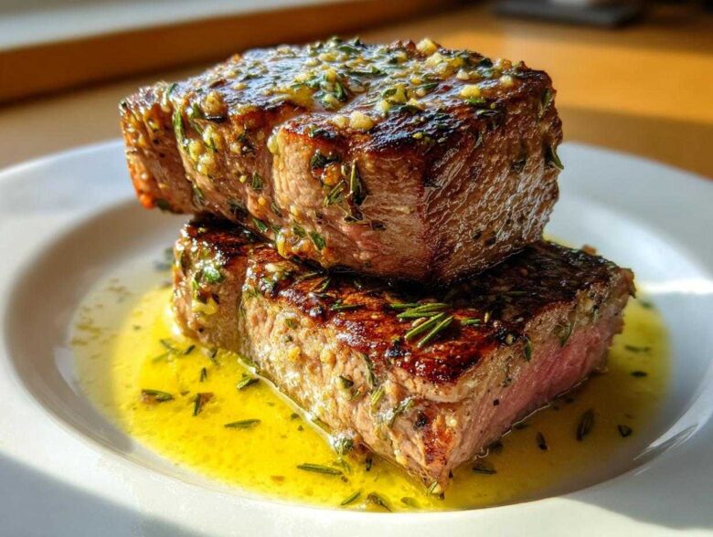 Two perfectly seared Garlic Rosemary Lamb Chops stacked on a white plate, drizzled with lemon butter sauce.