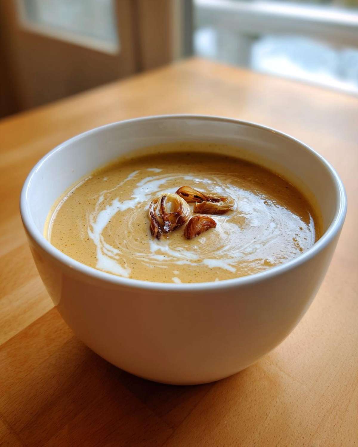 A bowl of creamy Garlic Soup with Roasted Bulb, swirled with cream and topped with roasted garlic cloves.