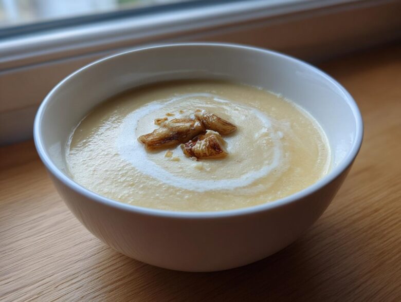 A white bowl of creamy yellow Garlic Soup with Roasted Bulb pieces and a swirl of cream.