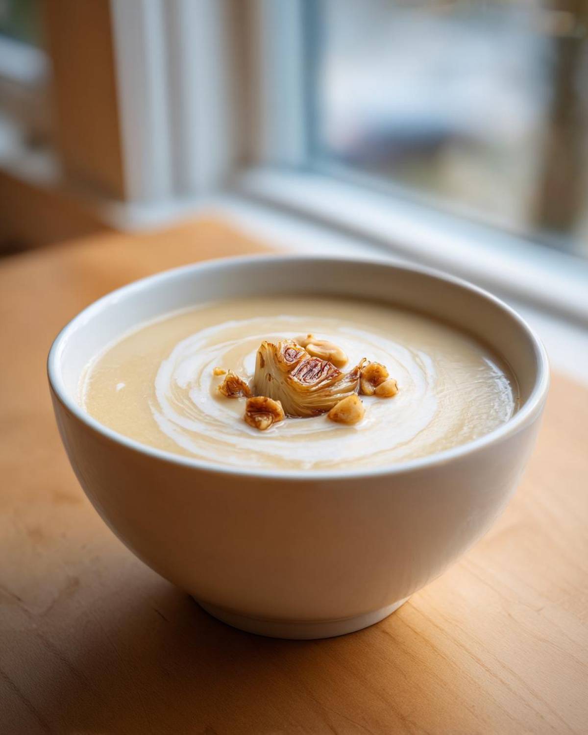 A bowl of creamy Garlic Soup with Roasted Bulb centerpiece and toasted nuts.