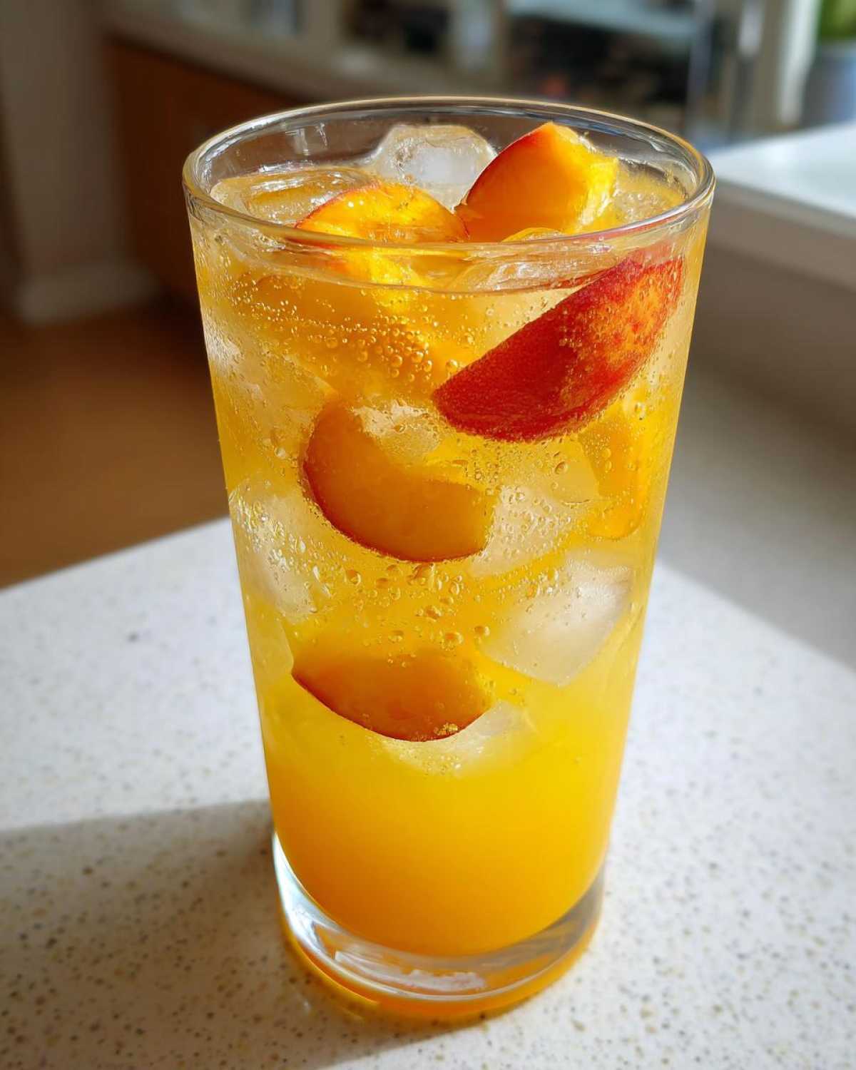 A tall glass filled with bright orange Ginger Peach Lemonade, ice cubes, and slices of fresh peach.