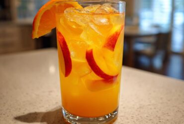 Tall glass filled with bright orange Ginger Peach Lemonade, ice, peach slices, and an orange wedge garnish.
