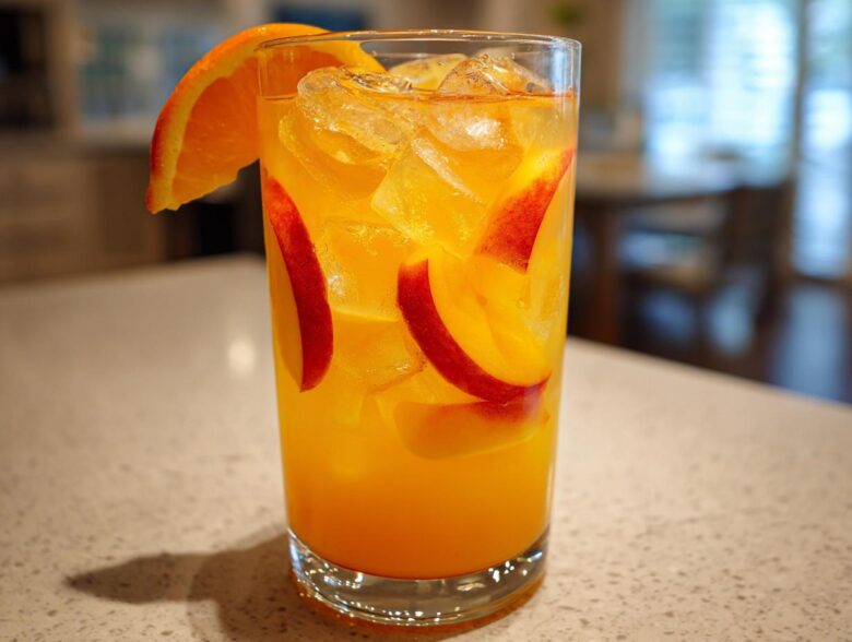 Tall glass filled with bright orange Ginger Peach Lemonade, ice, peach slices, and an orange wedge garnish.