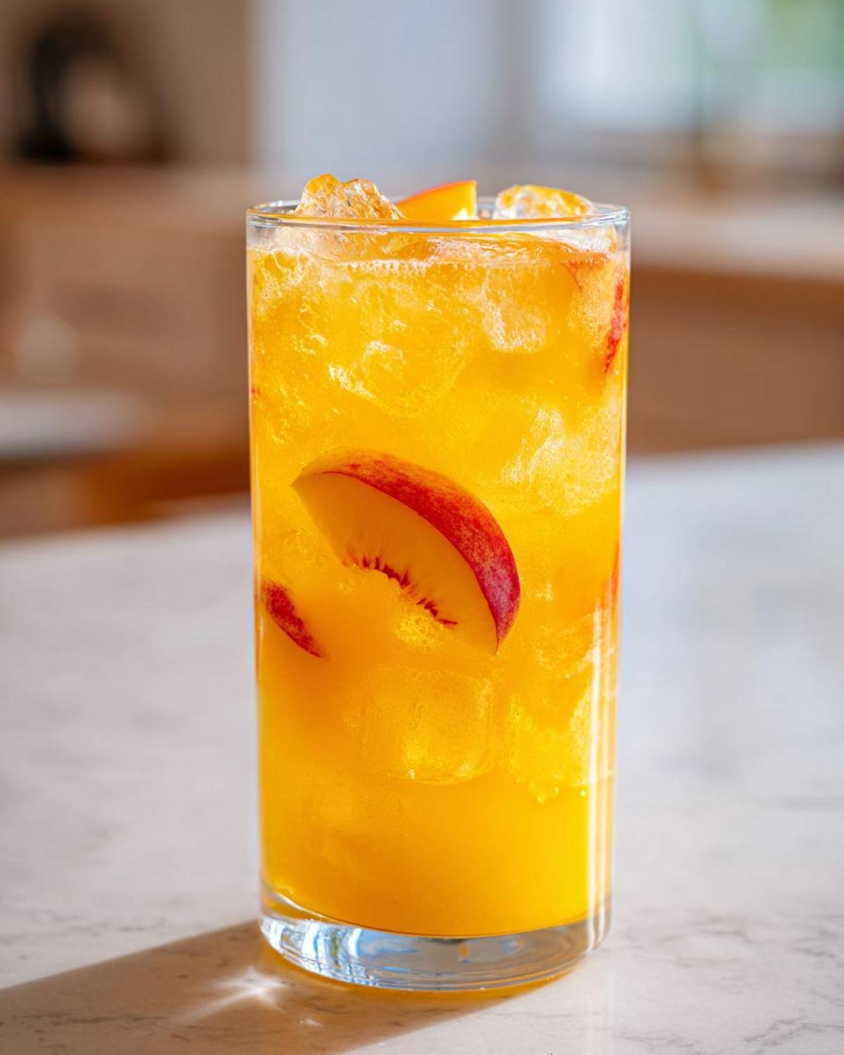 Close-up of a tall glass filled with bright orange Ginger Peach Lemonade, ice, and fresh peach slices.