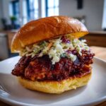 A close-up of a delicious Gochujang Chicken Burger featuring a glossy, saucy patty topped with colorful coleslaw on a brioche bun.