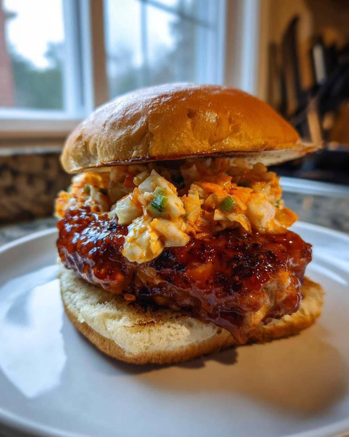 A juicy Gochujang Chicken Burger featuring a thick, glazed chicken patty topped with creamy coleslaw on a toasted bun.