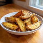 A bowl of golden brown, crispy Greek Lemon Potatoes roasted with herbs, ready to serve.