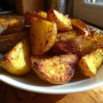 A plate piled high with golden brown, crispy Greek Lemon Potatoes roasted with herbs.