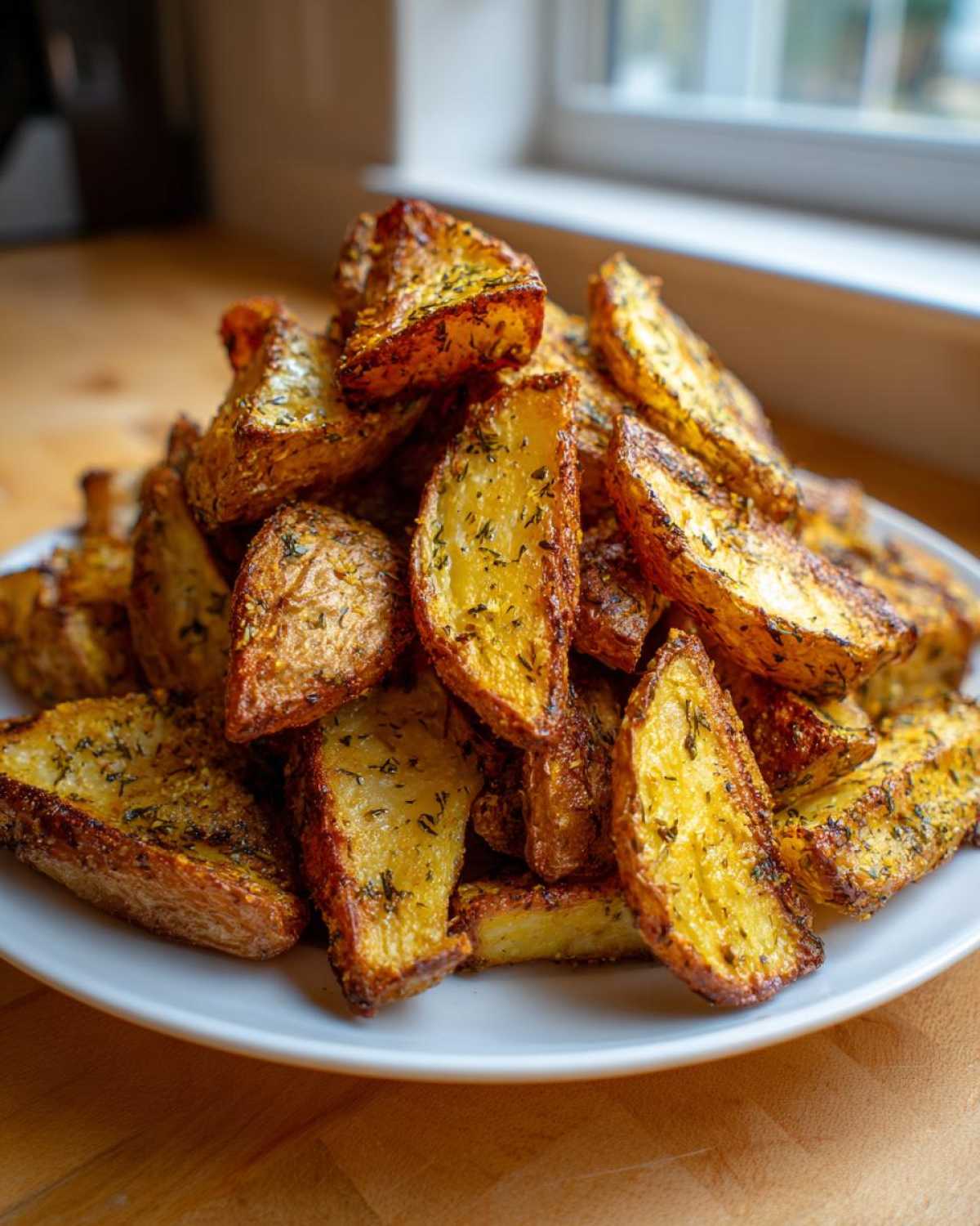 A mound of perfectly roasted Greek Lemon Potatoes Crispy Roasted Sides seasoned with herbs on a white plate.