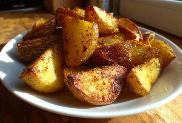 A plate piled high with golden brown, crispy Greek Lemon Potatoes roasted with herbs.