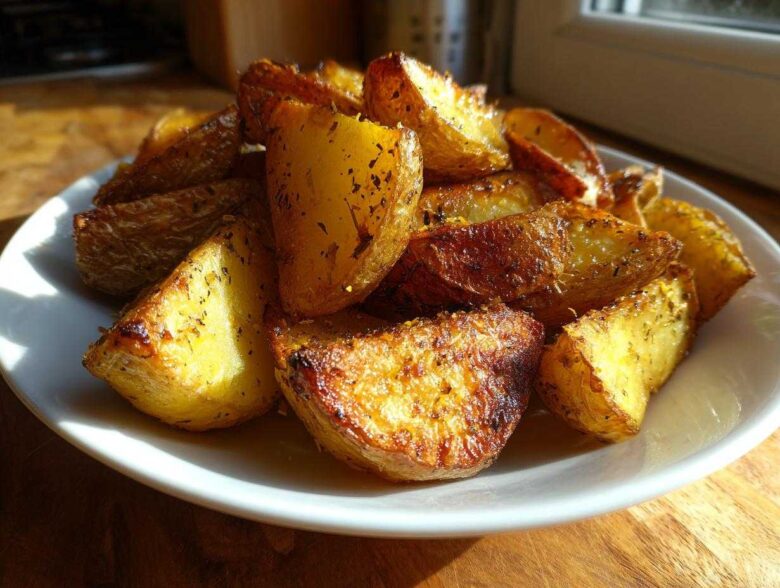 A plate piled high with golden brown, crispy Greek Lemon Potatoes roasted with herbs.
