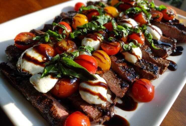 Slices of Grilled Flank Steak Caprese topped with mozzarella balls, cherry tomatoes, basil, and balsamic glaze.