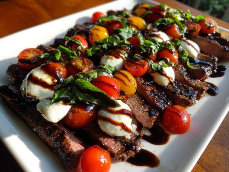 Slices of Grilled Flank Steak Caprese topped with mozzarella balls, cherry tomatoes, basil, and balsamic glaze.